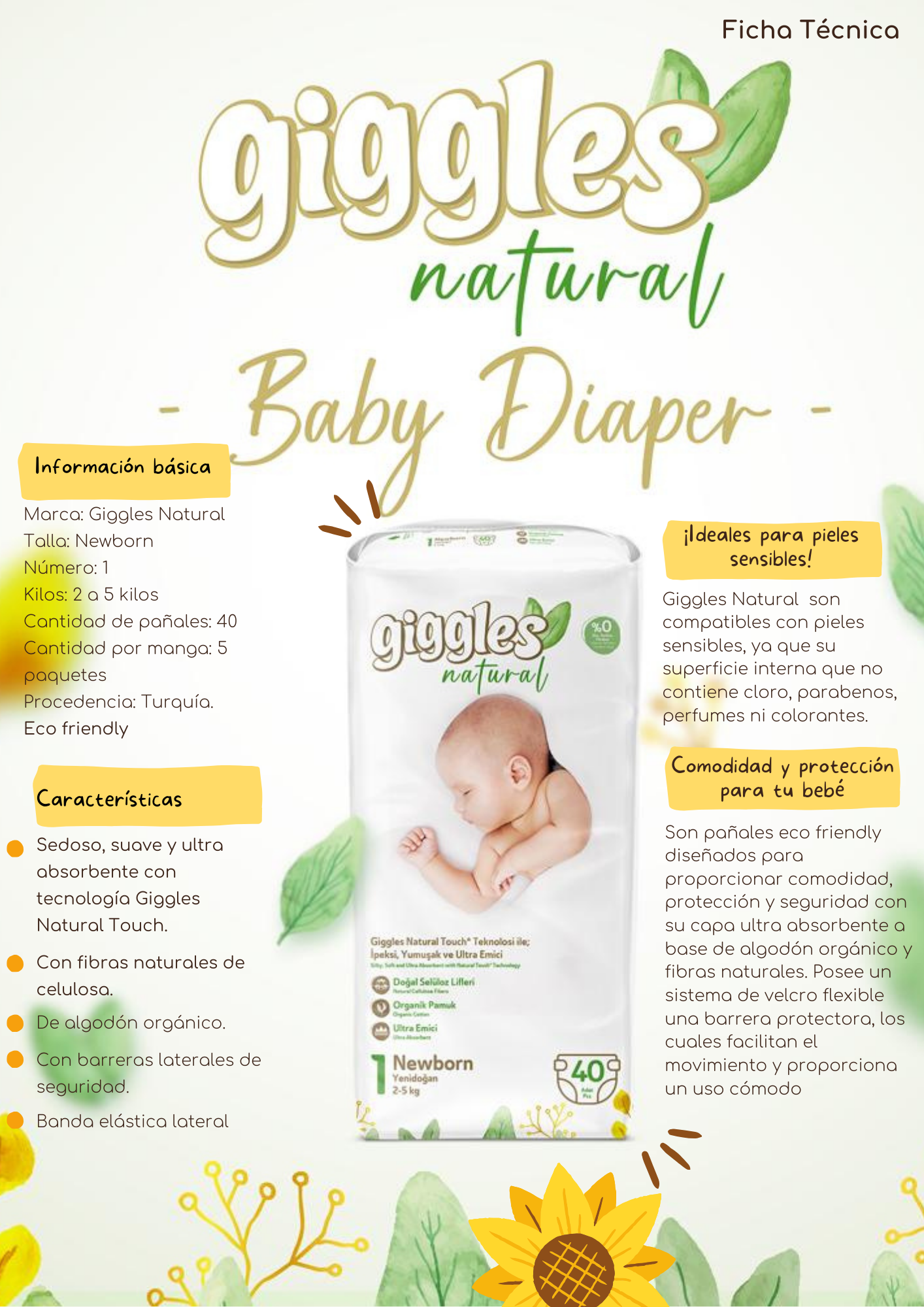 PAÑAL GIGGLES NATURAL 1 NEWBORN 40UN
